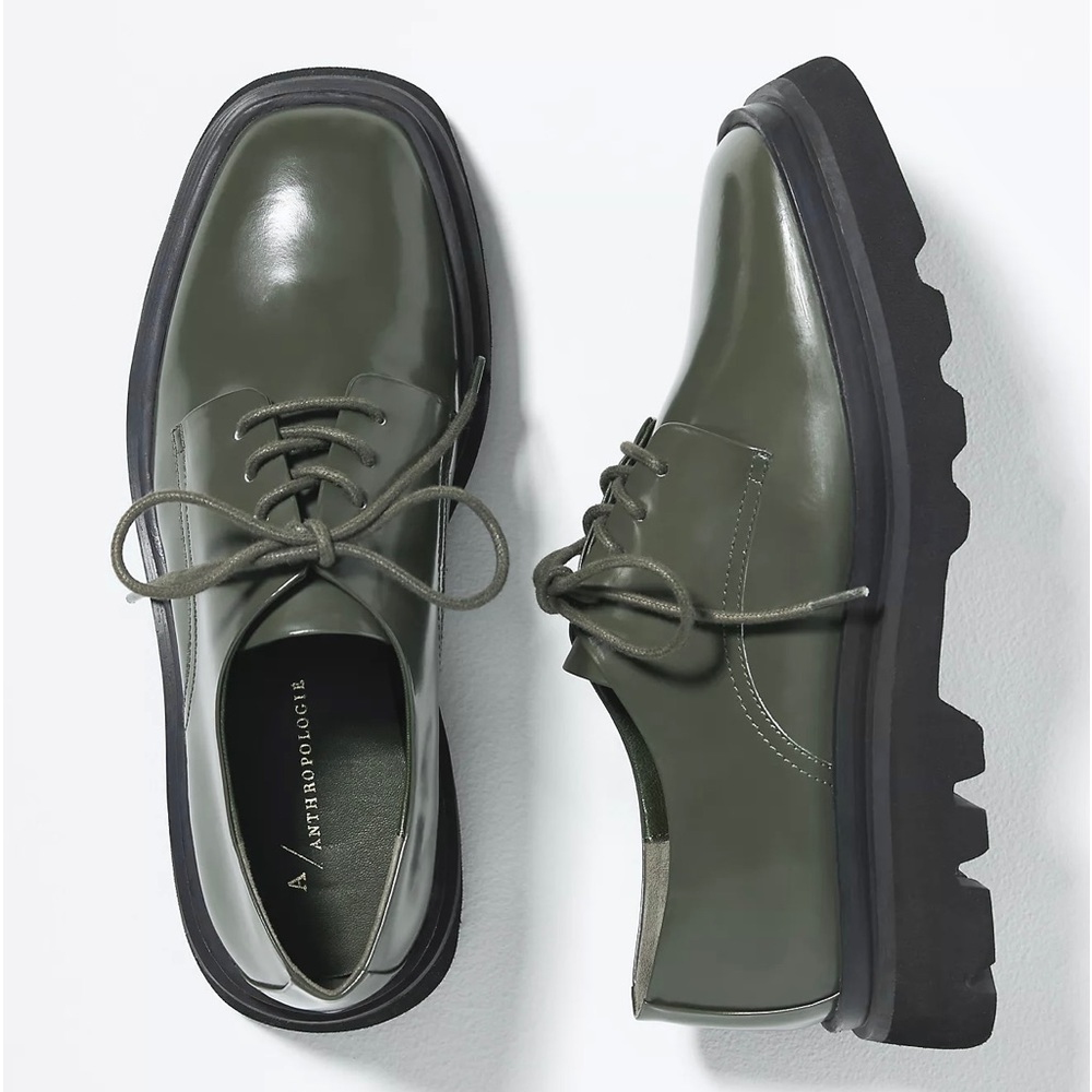ANTHROPOLOGIE 10 MAEVE The Rhys Lace-Up Square Toe Stompy Loafers Olive 41